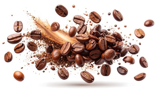 A dynamic display of coffee beans in mid-air, suspended amidst a rich, brown powder explosion, against a pure white backdrop.
