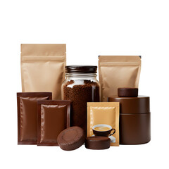 Instant coffee set including granules in jars, sachet, and compressed block isolated. Beverage product packaging collection, isolated on white or transparent background, PNG format.