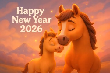 2026年_年賀状_素材_横_3D_馬_親子_01