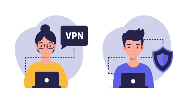 Two individuals using laptops with a VPN and security shield icon, illustrating secure online connection and digital privacy protection concepts.