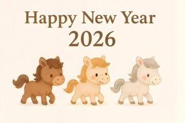 2026年_年賀状_素材_横_イラスト_水彩画_馬_01