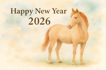 2026年_年賀状_素材_横_和風_水彩画_馬_01