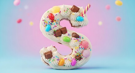 Sweet letter S, a confectionery design, adorned with colorful candies and chocolate chunks on a