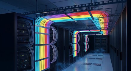Vibrant Rainbow Cables in a Modern Data Center Server Room.