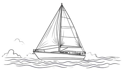 A black and white line drawing of a sailboat navigating on the water.