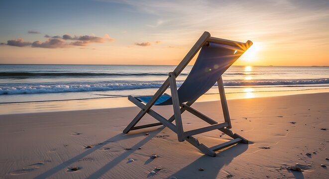 Solitude on the shore: a serene beach chair awaits under a luminous sunset horizon