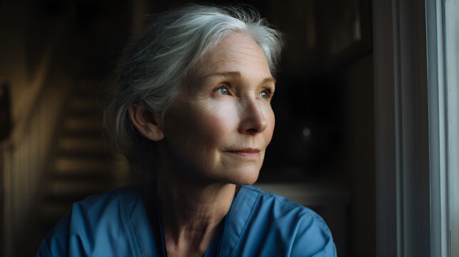 Senior female doctor looking out window contemplating in hospital or clinic