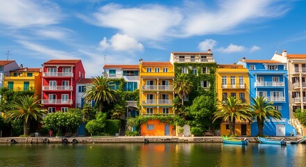 Picturesque waterside vista of vibrant colorful buildings under a clear blue cloudy sky