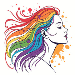 Illustration of a woman's profile with rainbow-colored hair. Splatters of color accent the flowing style, celebrating beauty and diversity.

