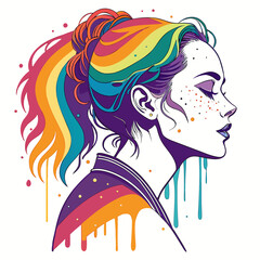 A stylized profile of a woman with rainbow hair in a ponytail. The woman is depicted with freckles and paint drips from the rainbow, contributing to an artistic and vibrant feel.

