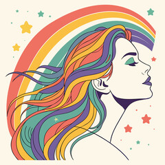 The image shows a woman with rainbow-colored hair set against a rainbow and star backdrop. It's a vibrant, vector illustration suitable for adding visual flair to content.

