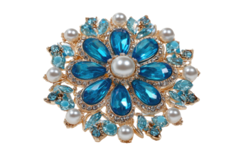 Elegant blue gemstone and pearl flower brooch, exquisite craftsmanship, perfect accessory. background removed