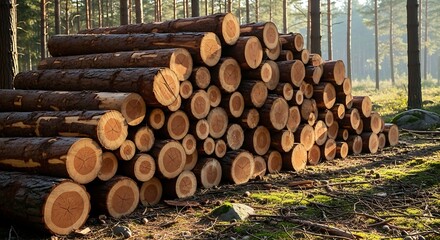 Pile of freshly cut logs in forest highlighting sustainable forestry practices and lumber industry