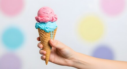 A hand holds a double scoop ice cream cone with pink and blue ice cream.
