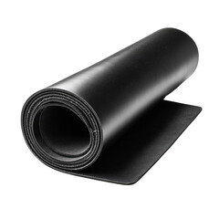 A rolled-up sheet of black material, possibly leather or rubber, isolated on a transparent background. background removed