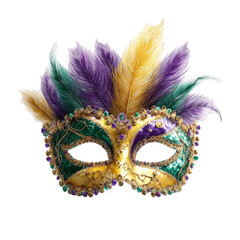 Gold and purple mask with feathers on it