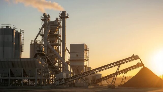 Asphalt plant at sunset: silos, conveyors and stacker form a conical stack, warm light and steam. Road materials production site.