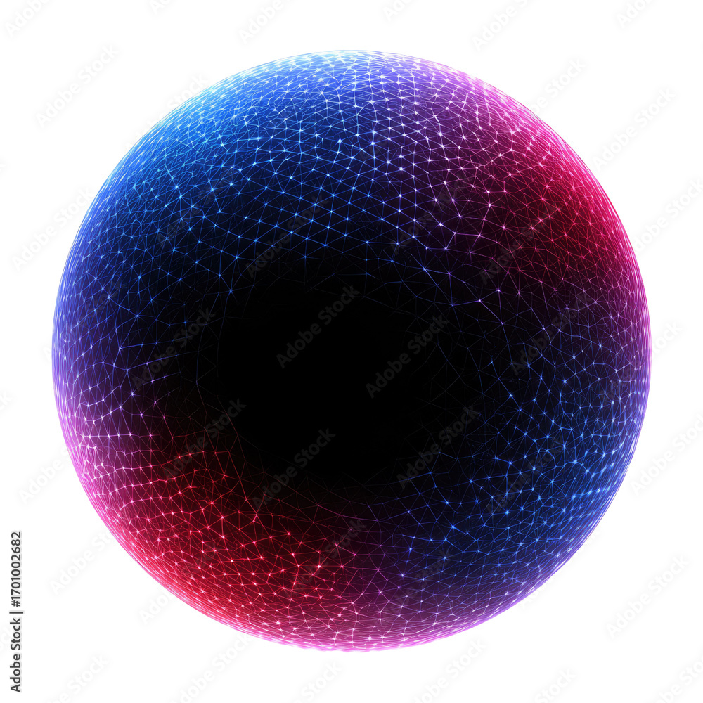 Poster abstract glowing sphere with interconnected nodes, vibrant red and blue gradient on a transparent ba