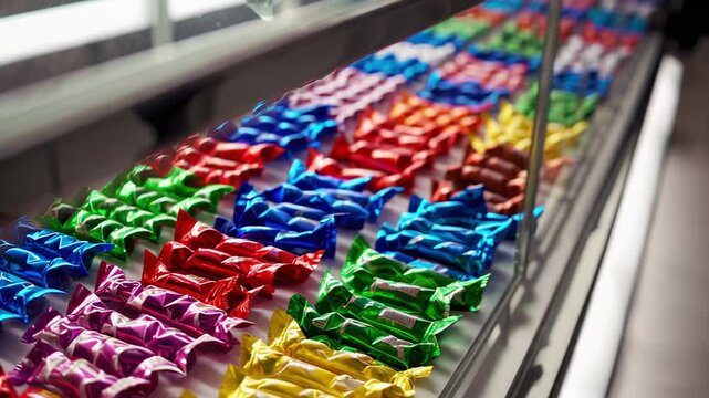 This video shows rows of colorful candy bars neatly arranged in a display case. The bright wrappers and organized lines create an inviting and vibrant scene in a candy store or supermarket.