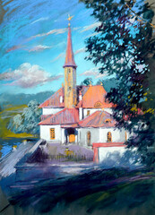 Pastel illustration of landscape with Prioratsky palace