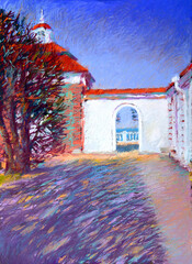 Pastel illustration of landscape with Monplaisir palace