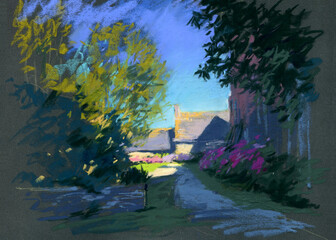 Pastel illustration of landscape with medieval castle in France in the evening