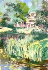 Pastel illustration of landscape with  palace on the lake shore