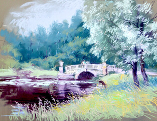 Pastel illustration of landscape with river and brige