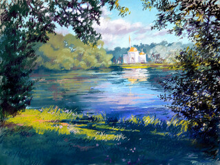 Pastel illustration of landscape with  palace on the lake shore