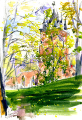 Watercolor illustration of landscape with gothic chapel