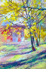 Pastel illustration of landscape with cottage in sunny day