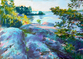 Pastel illustration of landscape with stones