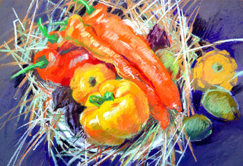 Pastel illustration with still life autumn vegetables, bell pepper, walnuts, grass, hay, herbs. 