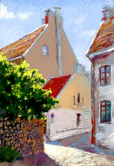 Pastel illustration of landscape of old town