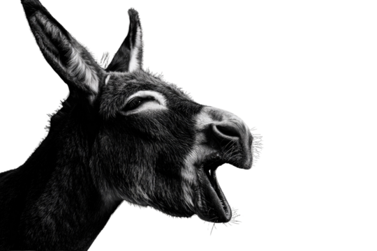 A monochrome close-up captures a donkey's expressive face, its mouth wide open in a dramatic yawn against a transparent background. background removed