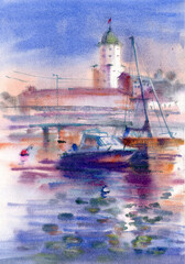 Watercolor painting of an ancient fortress with a tower, a castle with yachts