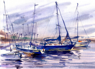 Yacht club, yachts, watercolor illustration.