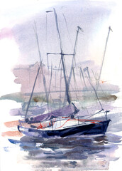 Yacht club, yachts, watercolor illustration.