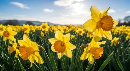 Vibrant daffodil meadow basking under the golden sunlight, a bright spring landscape illuminating