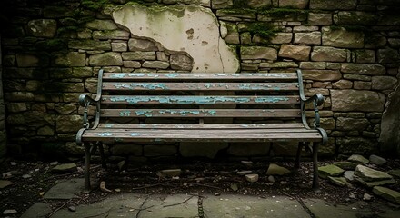 Old Bench Against Stone Wall in Abandoned Garden.