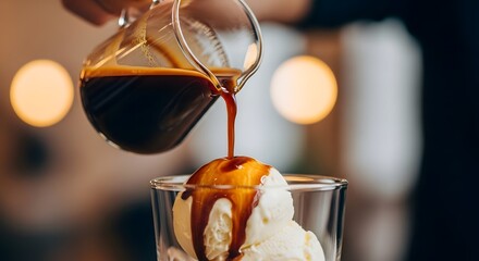 A hand pours rich, dark espresso from a glass pitcher over a scoop of vanilla ice cream to make an affogato.