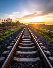 Fototapeta premium A picturesque railway track stretches into a vibrant sunset, showcasing a peaceful and hopeful journey.