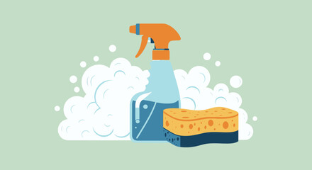 A vibrant vector illustration showcases a spray bottle, a scrubbing sponge, and effervescent soap suds, symbolizing cleanliness and household hygiene.