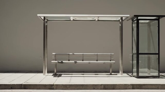 This video shows an empty modern bus stop with a metal bench and glass shelter, set against a plain wall. The minimalist design and clean lines create a calm, urban scene focused on waiting and public