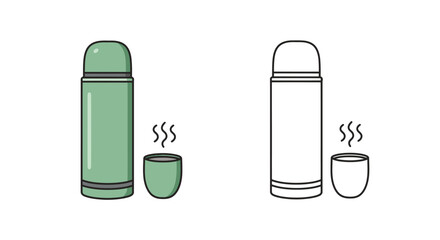 A stylized vector illustration of a green thermos bottle with a cup of hot steaming beverage, presented in both color and outline versions on a white background.