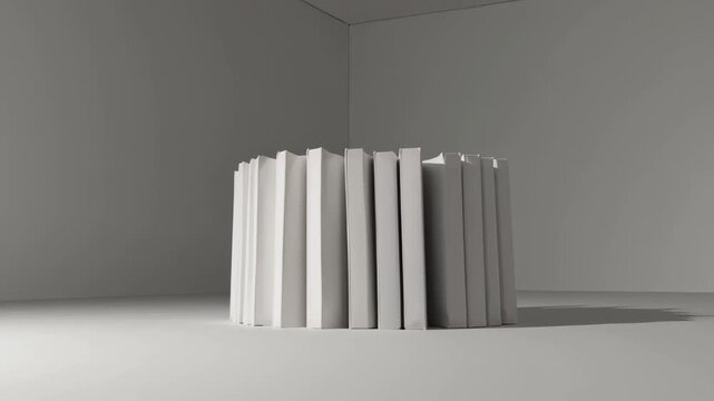 This video captures a minimalistic scene featuring a circular arrangement of tall, white books standing upright in an empty, well-lit room. The geometric pattern emphasizes simplicity, symmetry, and m