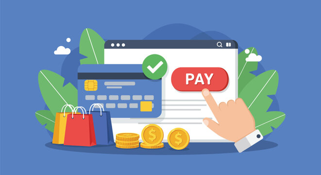 Online Payment with Credit Card, Shopping Bags, and Coins