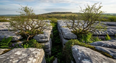 Resilient nature: Trees thriving in rocky landscape with scenic countryside vista during springtime