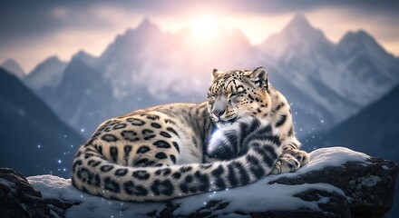 A majestic snow leopard rests peacefully on a rocky outcrop amidst a breathtaking mountain landscape.