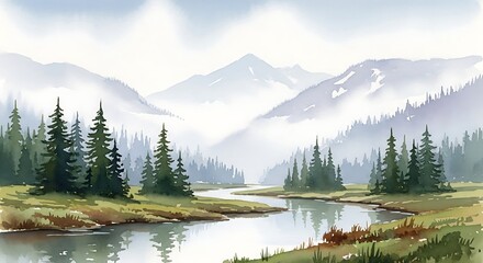 Watercolor serene mountain landscape with misty peaks river and coniferous trees painting